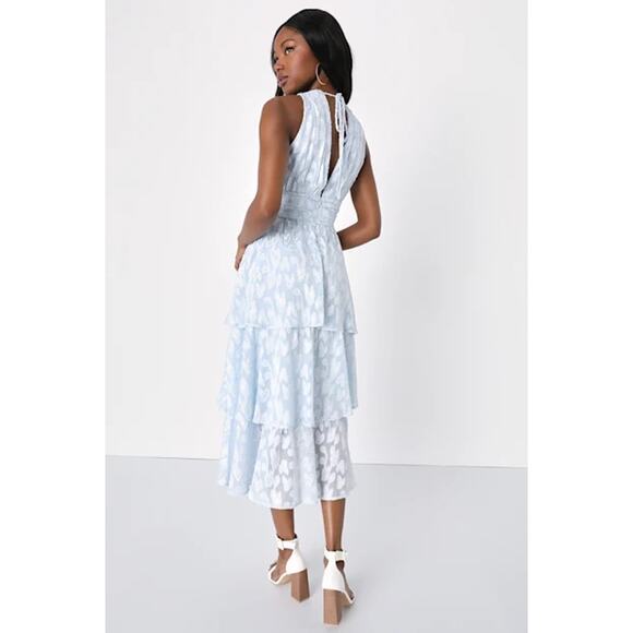 NWT Lulus Make It Mesmerizing Light Blue Jacquard Tiered Midi Dress Bohemian M - Picture 4 of 8